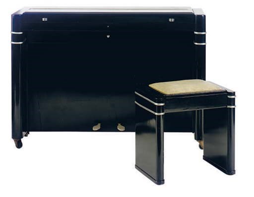 AN ART DECO CHROME MOUNTED BLACK LACQUERED SPINET PIANO WITH MATCHING BENCH,