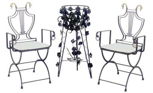 A PAIR OF WROUGHT IRON CHAIRS, A JARDINIERE AND SMALL LOW BENCH,