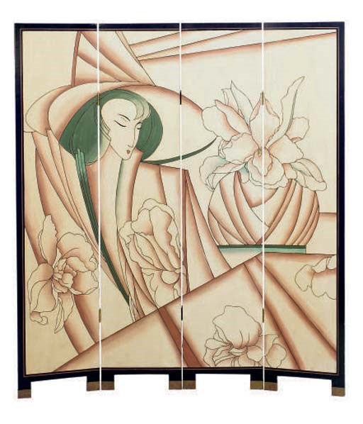 A POLYCHROME PAINTED BLACK LACQUERED FOUR PANEL SCREEN,