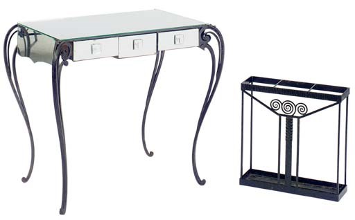 A MIRRORED AND WROUGHT IRON DRESSING TABLE,