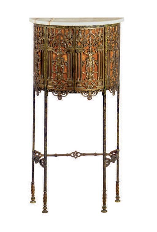 A GILT-METAL MOUNTED ALABASTER TOP DEMILUNE CONSOLE TABLE,