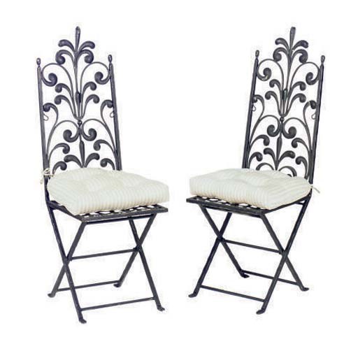 A PAIR OF BLACK PAINTED WROUGHT IRON TALL-BACK GARDEN FOLDING CHAIRS,