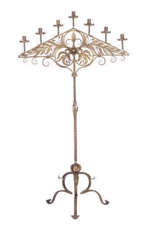 A WROUGHT IRON FLOOR CANDELABRUM,