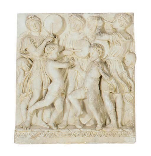 A PLASTER RELIEF DECPICTING A WOMAN AND CHILDREN AT PLAY,