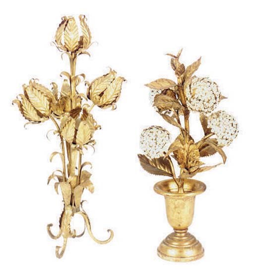 TWO GILT-METAL FLORAL-FORM TABLE LAMPS,
