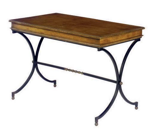 A FRUITWOOD AND WROUGHT IRON WRITING TABLE,