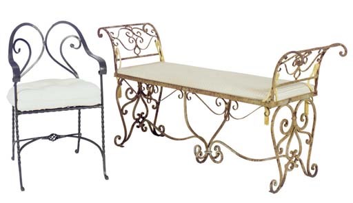 A WROUGHT IRON BENCH AND TWO BLACK PAINTED WROUGHT IRON CHAIRS,