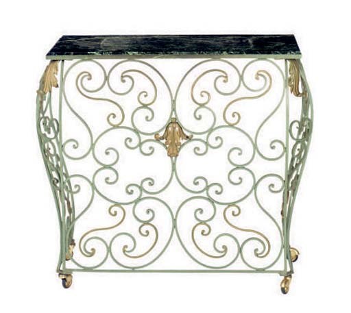 A GREEN PAINTED WROUGHT IRON MARBLE TOP CONSOLE,