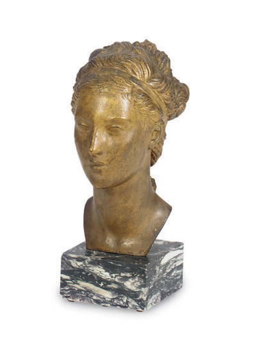 A GILT-BRONZE BUST OF A MAIDEN ON MARBLE BASE,