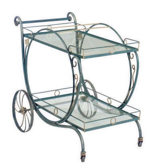 A BLUE PAINTED AND GLASS TWO TIER BAR CART,