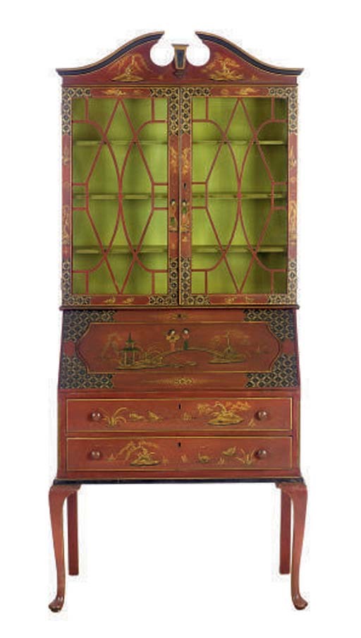 A RED JAPANNED SECRETAIRE BOOKCASE,
