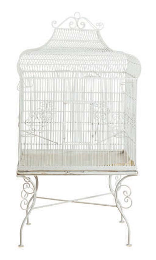 A WHITE PAINTED METAL BIRDCAGE,