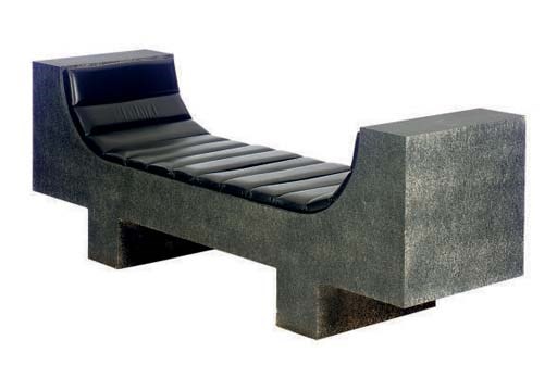 A PAIR OF BLACK AND GRAY FORMICA AND BLACK LEATHER SETTEES,