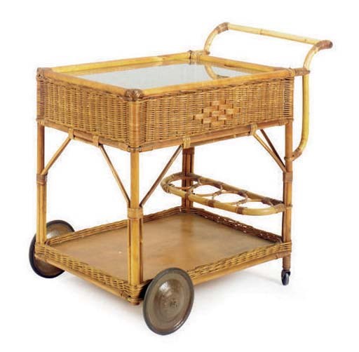 A WICKER AND GLASS TWO-TIER BAR CART,