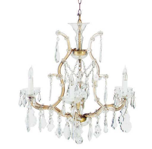 A CUT GLASS AND GILT-METAL SIX LIGHT CHANDELIER,
