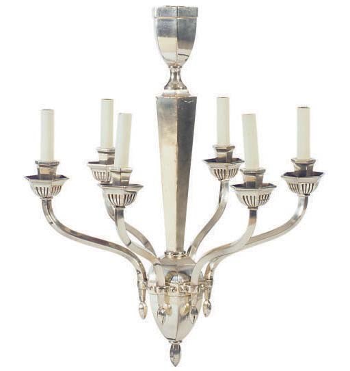 A SILVERED SIX-LIGHT CHANDELIER,