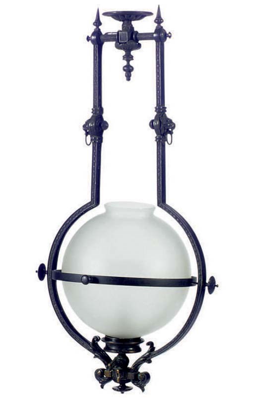 A BRONZE AND FROSTED GLASS GASOLIER,