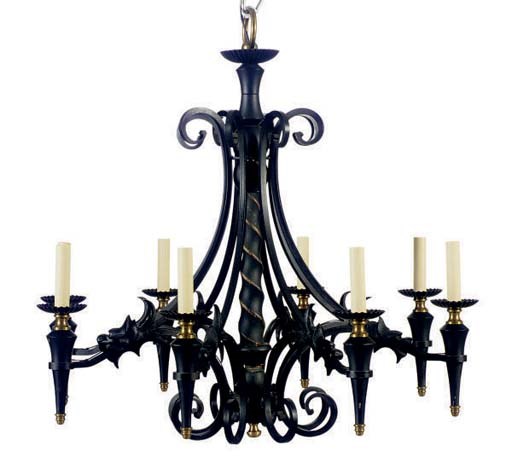 A PAINTED WOOD AND IRON EIGHT-LIGHT DRAGON CHANDELIER,