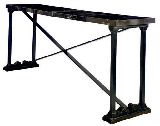 A PATINATED METAL MARBLE TOP LARGE CONSOLE,