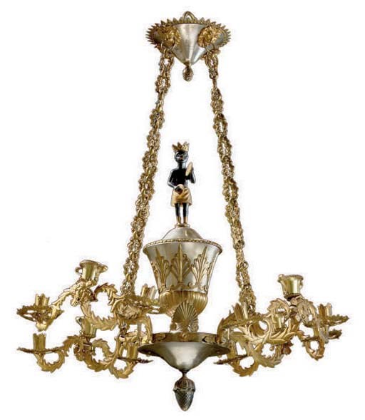 A NORTH EUROPEAN GILT-METAL AND SILVERED EIGHT-LIGHT CHANDELIER