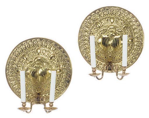 A PAIR OF BRASS TWIN-BRANCH WALL SCONCES,