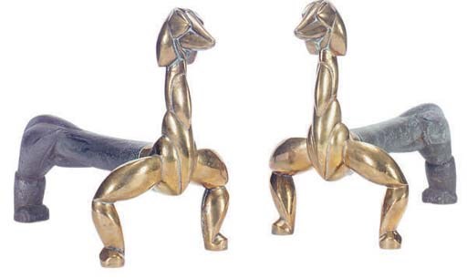 A PAIR OF BRONZE 'DOG' FORM ANDIRONS,