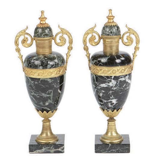 A PAIR OF FRENCH GILT-BRONZE MOUNTED VERDE ANTICO URNS,