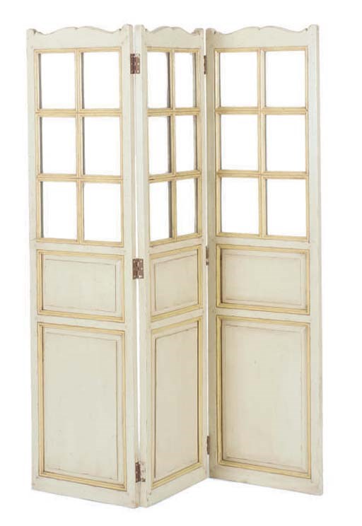 A GREY-PAINTED THREE PANEL FLOOR SCREEN,