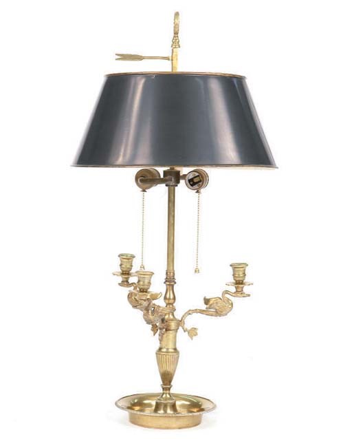 A FRENCH GILT-BRONZE THREE BRANCH BOULLOTTE LAMP,
