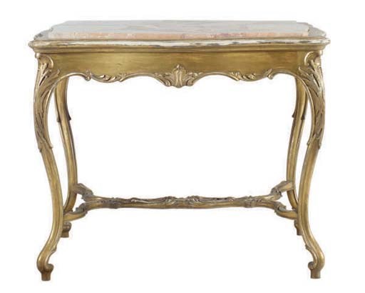 A FRENCH GILTWOOD MARBLE TOP RECTANGULAR CENTRE TABLE,