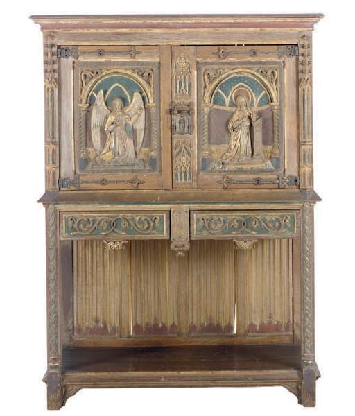 A POLYCHROME PAINTED AND PARCEL-GILT CARVED OAK CUPBOARD,