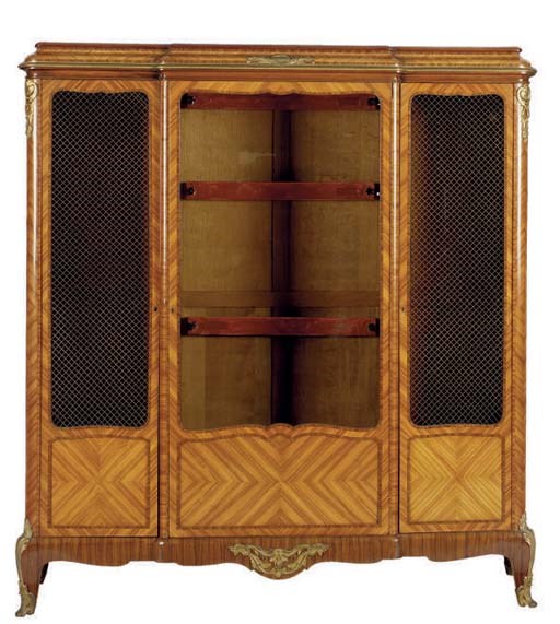 A FRENCH GILT METAL MOUNTED TULIPWOOD AND KINGWOOD BIBLIOTHEQUE,