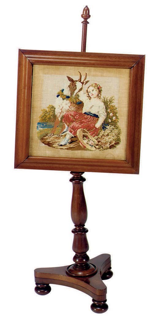 A VICTORIAN GROS POINT MAHOGANY ADJUSTABLE POLE SCREEN,