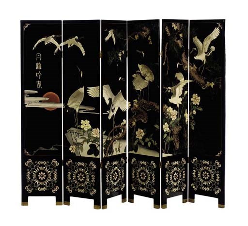 A CHINESE BLACK LACQUERED AND PAINTED SIX PANEL SCREEN,