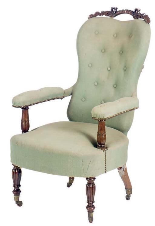 A VICTORIAN CARVED MAHOGANY ARMCHAIR,