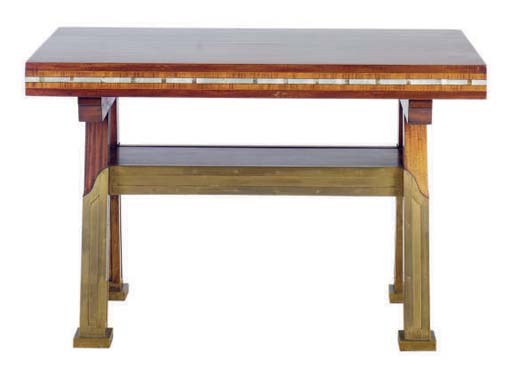 AN ART DECO BRASS AND MOTHER-OF-PEARL INLAID MAHOGANY SIDE TABLE,