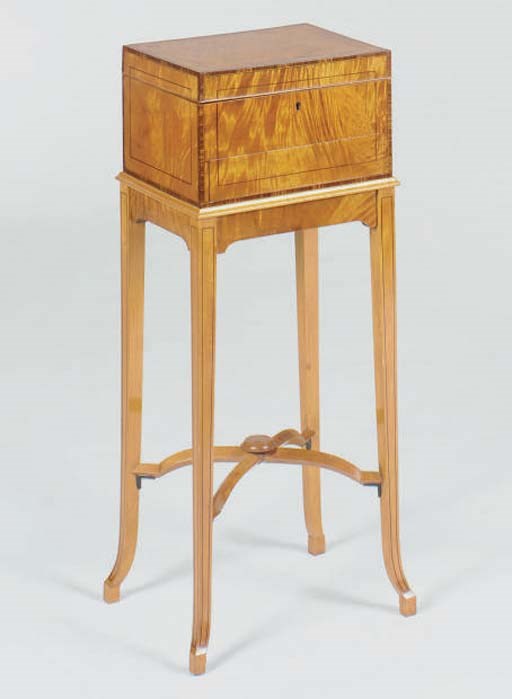 A SATINWOOD AND IVORY VANITY BOX ON STAND,