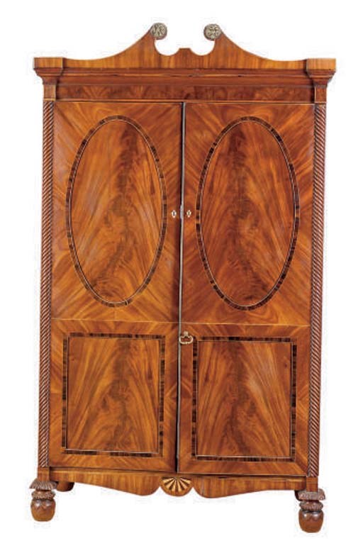 A GEORGE III MAHOGANY INLAID ARMOIRE,