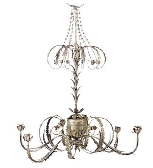 A SILVERED METAL SIX-LIGHT CHANDELIER,