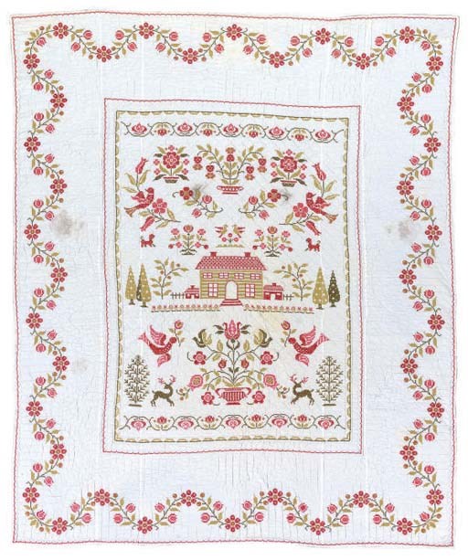 AN AMERICAN EMBROIDERED COTTON COVERLET