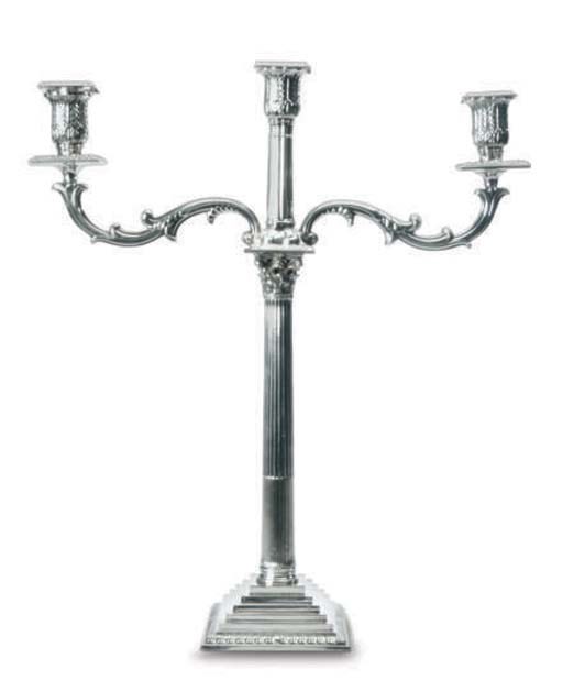 A PAIR OF SILVER-PLATED THREE-LIGHT CANDELABRA,
