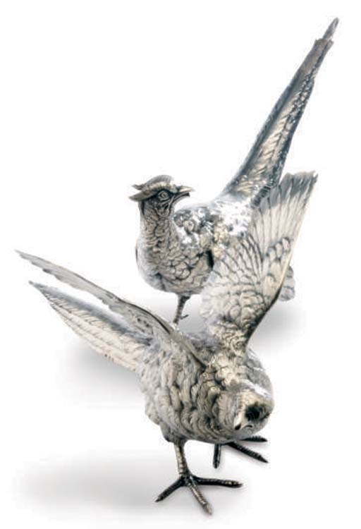 TWO GERMAN SILVER MODELS OF PHEASANTS AND TWO SILVER-PLATED MODELS,