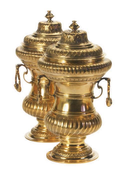 A PAIR OF DUTCH SILVER-GILT CHESTNUT VASES AND COVERS,
