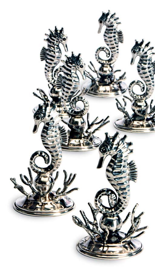 A SET OF SIX ITALIAN SILVER SEAHORSE-FORM PLACE CARD HOLDERS,