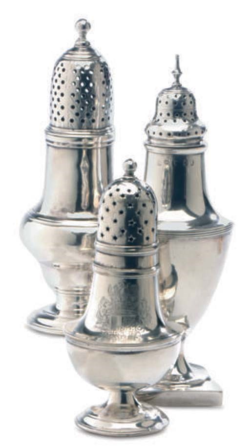A GROUP OF FOUR GEORGIAN SILVER CASTORS,