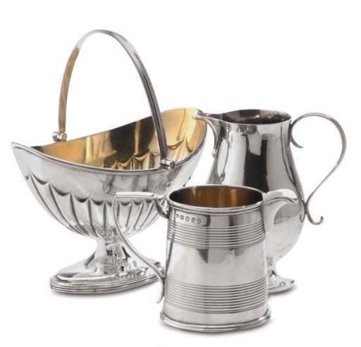 TWO GEORGIAN SILVER CREAM JUGS AND SILVER SWING BALE SUGAR BASKET,