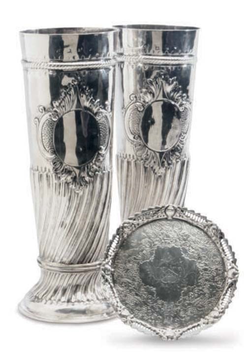 A GEORGE III SILVER SALVER AND TWO ENGLISH SILVER VASES,