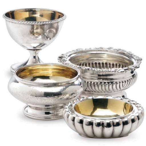 TWO PAIRS OF ENGLISH SILVER SALT CELLARS AND TWO INDIVIDUAL CELLARS,