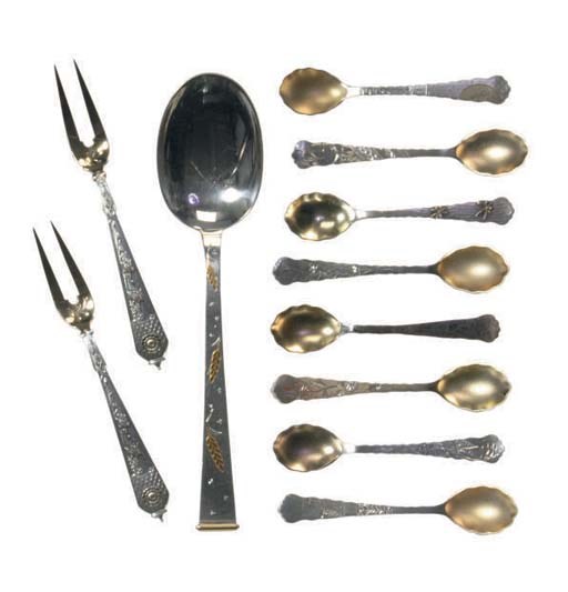 A GROUP OF EIGHT AMERICAN DEMI-TASSE SPOONS, A SERVING SPOON, AND TWO PICKLE FORKS,