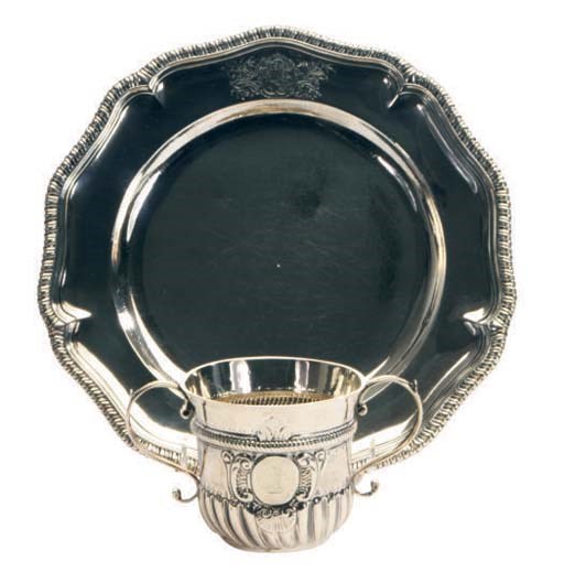 A QUEEN ANNE SILVER PLATE AND CAUDLE CUP,